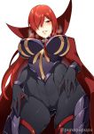  1girl bangs bodysuit breasts cape fate/grand_order fate_(series) gloves hair_over_one_eye highres large_breasts long_hair looking_at_viewer oda_nobunaga_(fate) oda_nobunaga_(maou_avenger)_(fate) oda_uri open_mouth parted_lips red_cape red_eyes redhead smile solo very_long_hair zeroshiki_kouichi 