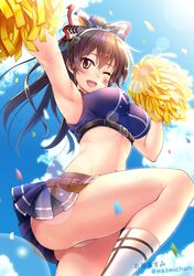  1girl ;d arm_up armpits ashigara_(kantai_collection) belt blue_skirt blue_sky blush breasts brown_eyes brown_hair cheerleader clouds crop_top dya facial_mark fangs hair_ornament hair_ribbon hairband hand_up highres ishihara_masumi kantai_collection large_breasts leg_up long_hair looking_at_viewer midriff miniskirt navel one_eye_closed open_mouth outdoors panties pleated_skirt pom_poms ponytail remodel_(kantai_collection) ribbon skindentation skirt sky sleeveless smile socks solo sweat thighs twitter_username underbust underwear wavy_hair white_panties 