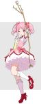  1girl bang_dream! bangs blush bow cosplay eyebrows_behind_hair flower frilled_legwear full_body gloves grey_background high_heels holding kaname_madoka kaname_madoka_(cosplay) kneehighs mahou_shoujo_madoka_magica maruyama_aya one_eye_closed outstretched_arm parted_bangs parted_lips petticoat pink_bow pink_flower pink_hair pink_rose puffy_short_sleeves puffy_sleeves red_footwear rose shipii_(jigglypuff) shirt shoes short_sleeves solo standing twintails two-tone_background violet_eyes white_background white_gloves white_legwear white_shirt 