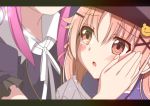  2girls absurdres bangs blush crying crying_with_eyes_open gakkou_gurashi! hair_between_eyes hair_ornament hairclip hands_on_another&#039;s_face hat highres long_hair multiple_girls open_mouth pink_eyes pink_hair sakura_megumi short_hair short_sleeves sinakyo takeya_yuki tears 