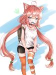  1girl adjusting_clothes adjusting_legwear ahoge animal_ear_fluff animal_ears backpack bag bike_shorts black_shorts blue_eyes cat_ears choker clenched_hands fang fish food hair_bobbles hair_ornament highres hinata_channel long_hair low_twintails melings_(aot2846) mismatched_legwear mouth_hold nekomiya_hinata orange_legwear pink_hair pulled_by_self short_shorts shorts solo strap_slip striped striped_legwear tank_top thigh-highs thighhighs_pull twintails very_long_hair virtual_youtuber white_tank_top 