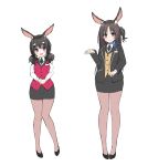  2girls :o animal_ears black_footwear blue_neckwear blush brown_legwear hair_ornament hairclip hand_up hands_together highres long_sleeves looking_at_viewer multiple_girls official_art pantyhose pencil_skirt rabbit_ears short_twintails side_ponytail simple_background skirt standing twintails vest violet_eyes wamimi_series white_background 