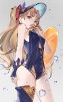  1girl bare_shoulders blonde_hair blue_legwear blue_swimsuit breasts brown_eyes bubble ereshkigal_(fate/grand_order) fate/grand_order fate_(series) highres innertube long_hair looking_at_viewer nuda one-piece_swimsuit parted_lips single_thighhigh solo swimsuit thigh-highs two_side_up visor_cap 