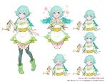  1girl :d :| apron aqua_wings artist_name blue_eyes closed_mouth dated green_hair green_legwear green_skirt multiple_views nanase_miri official_art open_mouth pink_pupils short_hair simple_background skirt smile symbol-shaped_pupils thigh-highs watering_can white_background wings 