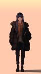  1girl absurdres black_coat black_footwear black_pants blue_hair floatingapple full_body hair_down hands_in_pockets highres long_hair looking_at_viewer orange_background orange_scarf pants scarf shima_rin shoes solo standing very_long_hair violet_eyes yurucamp 