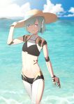  1girl android bikini bikini_day blue_eyes blue_hair blurry blurry_background commentary day eyebrows_visible_through_hair eyes_visible_through_hair flat_chest hat highres long_hair looking_at_viewer navel ocean original outdoors putchers robot_ears robot_joints short_hair solo sun_hat swimsuit virtual_youtuber wading 