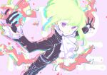  1boy belt biker_clothes black_gloves black_jacket blonde_hair chest congcongcon cravat earrings fire gloves green_hair half_gloves highres jacket jewelry lio_fotia looking_at_viewer mad_burnish male_focus promare solo violet_eyes 