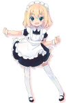  1girl alternate_costume apron bangs black_dress black_footwear blonde_hair blue_eyes commentary dress enmaided eyebrows_visible_through_hair fang frilled_apron frills full_body gingerbullet girls_und_panzer highres katyusha lace lace-trimmed_dress looking_at_viewer maid maid_apron maid_headdress mary_janes open_mouth puffy_short_sleeves puffy_sleeves shadow shoes short_dress short_hair short_sleeves simple_background smile solo standing thigh-highs white_apron white_background white_legwear wrist_cuffs 