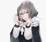  1girl blush cloak csyko fate/grand_order fate_(series) feather_trim gray_(lord_el-melloi_ii) green_eyes grey_hair hood hood_pull hooded_cloak looking_at_viewer lord_el-melloi_ii_case_files open_mouth ribbon solo white_background white_ribbon 
