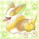 aimia492 checkered_background dated from_behind green_eyes heart_pattern looking_back no_humans paw_background paw_print pokemon pokemon_(creature) pokemon_(game) tongue tongue_out yamper yellow_nose 