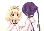  2girls absurdres arms_up bangs birthday birthday_cake blonde_hair blue_eyes blue_hair blush cake candle clenched_hands commentary eyebrows_visible_through_hair food from_behind gochuumon_wa_usagi_desu_ka? hair_ribbon highres holding holding_food kirima_sharo looking_at_another multiple_girls necktie open_mouth plaid_neckwear ribbon sachisudesu school_uniform short_hair simple_background standing symbol_commentary tedeza_rize twintails upper_body white_background 