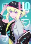  1boy androgynous bangs baseball_cap blonde_hair closed_mouth congcongcon face green_hair hair_between_eyes hat highres jacket lio_fotia long_hair looking_at_viewer male_focus off_shoulder ponytail promare upper_body violet_eyes 
