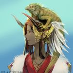  1girl animal animal_on_head brown_eyes brown_hair collarbone dark_skin dated face from_side horns iguana_(animal) jewelry lips necklace on_head original profile signature uraki_(tetsu420) 