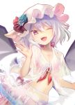 1girl ;d alternate_eye_color bangs bat_wings bikini blue_flower blue_rose commentary_request eyebrows_visible_through_hair fangs flower front-tie_bikini front-tie_top hair_between_eyes hand_up hat hat_flower hat_ribbon head_tilt innertube looking_at_viewer mob_cap navel one_eye_closed open_mouth red_bikini red_ribbon remilia_scarlet ribbon rose sarong see-through shirt short_hair short_sleeves silver_hair simple_background smile solo stomach swimsuit touhou upper_body violet_eyes white_background white_headwear white_shirt wings yuki_(popopo) 