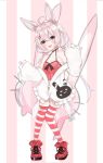  1girl absurdres ahoge animal_ears arm_up blush camisole choker full_body hair_ornament hairclip highres jacket long_hair low_twintails navel nemun_(tamizzz) no_pants off_shoulder open_mouth pink_background pink_eyes pink_hair rabbit_ears red_camisole red_footwear red_legwear shoes simple_background sleeves_past_wrists smile solo striped striped_background striped_legwear thigh-highs tomari_mari tomari_mari_channel twintails v virtual_youtuber white_jacket 