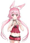  1girl ahoge animal_ear_fluff animal_ears arms_up blush camisole choker hair_ornament hairclip heart heart_hands long_hair low_twintails midriff navel pink_eyes pink_hair rabbit_ears red_camisole red_shorts short_shorts shorts simple_background smile solo tomari_mari tomari_mari_channel twintails underwear underwear_only virtual_youtuber white_background 
