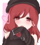  1girl bangs bare_shoulders beret black_headwear black_shirt blush border clothes_writing commentary english_commentary eyebrows_visible_through_hair eyelashes hair_between_eyes hat heart heart-shaped_pupils hecatia_lapislazuli holding_clothes long_hair looking_at_viewer off_shoulder open_mouth outside_border pink_background portrait red_eyes redhead shirt simple_background solo symbol-shaped_pupils t-shirt touhou white_border yukome 