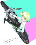  1boy belt black_pants dress_shirt gloves green_hair ground_vehicle half_gloves highres lio_fotia long_hair long_sleeves looking_up male_focus motor_vehicle motorcycle pants promare shirt sitting superhotcurry violet_eyes 