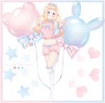  1girl artist_name balloon bangs blonde_hair blue_bow blue_eyes blush bow breasts commentary commission english_commentary full_body hair_bow hair_ribbon heart highres instagram_logo kneehighs long_hair long_sleeves looking_at_viewer medium_breasts navel original pink_shorts puppypaww red_bow red_ribbon revision ribbon shorts smile solo standing star star_in_eye symbol_in_eye twitter_logo v white_legwear 