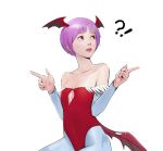  !? animal_print bare_shoulders bat_print bat_wings demon_girl flat_chest head_wings highres leotard lilith_aensland lips low_wings parted_lips pointing purple_hair red_eyes red_leotard rupid79 short_hair simple_background succubus vampire_(game) white_background wings 