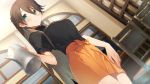  1girl akinashi_yuu blue_eyes blurry blurry_background breasts brown_hair closed_mouth cowboy_shot depth_of_field dutch_angle game_cg hair_between_eyes hara_ryouko highres indoors large_breasts light_smile long_hair ponytail ryuusei_world_actor skirt solo very_long_hair waitress 