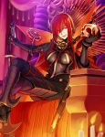  1girl armored_boots bangs black_bodysuit bodysuit boots breasts cape chain crossed_legs fate/grand_order fate_(series) gun hair_over_one_eye highres katana large_breasts long_hair looking_at_viewer oda_nobunaga_(fate) oda_nobunaga_(maou_avenger)_(fate) oda_uri okitakung open_mouth popped_collar red_cape red_eyes redhead rifle sitting skull smile solo sword throne very_long_hair weapon 