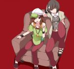  2girls black_hair bob_cut brown_eyes brown_hair closed_mouth commentary_request gaen_izuko hair_over_one_eye hammer_(sunset_beach) hat headphones kagenui_yozuru long_hair monogatari_(series) multicolored_hair multiple_girls open_mouth red_background redhead short_hair sitting suspenders two-tone_hair 