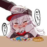  2girls azur_lane bangs black_headwear cape closed_eyes collared_shirt commentary_request crying cup eating fish fork fur-trimmed_cape fur_trim graf_zeppelin_(azur_lane) hair_between_eyes hand_on_another&#039;s_head hat highres holding holding_fork horoyuki_(gumizoku) long_sleeves military_hat multiple_girls petting shirt silver_hair sitting table tears translated zeppelin-chan_(azur_lane) 