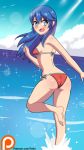  1girl ass back barefoot beach bikini bird blue_eyes blue_hair blush clouds cute fire_emblem fire_emblem:_kakusei fire_emblem_awakening fire_emblem_heroes intelligent_systems long_hair looking_at_viewer lucina moe nintendo ocean outdoors patreon_username red_bikini running running_on_water seagull sky solo splash splashing summer super_smash_bros. swimsuit teliosadmell 