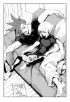  2boys arm_support baggy_pants barefoot bob_cut closed_mouth couch earrings galo_thymos highres jewelry lio_fotia long_hair lying magazine male_focus monochrome multiple_boys on_side open_mouth pants promare reading sitting spiky_hair ytairui 