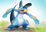  big_hands blue_sky commentary creature day fins full_body gen_3_pokemon grass heart looking_to_the_side pokemon pokemon-amie pokemon_(creature) pokemon_(game) signature sky solo swampert tongue uraki_(tetsu420) yellow_eyes 