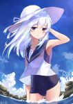  1girl :o alternate_costume bangs blue_eyes blue_swimsuit blush clouds commentary cowboy_shot day eyebrows_visible_through_hair fisheye hat hibiki_(kantai_collection) kantai_collection lens_flare long_hair moyasi3409854 one-piece_swimsuit outdoors partially_submerged ribbon rock sailor_collar sky solo standing sun_hat swimsuit swimsuit_under_clothes water white_hair white_headwear 