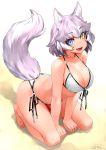  1girl animal_ears barefoot bikini blue_eyes breasts commentary_request dated dog_(mixed_breed)_(kemono_friends) dog_ears dog_tail eyebrows_visible_through_hair fang front-tie_bikini front-tie_top grey_hair happa_(cloverppd) heterochromia kemono_friends large_breasts looking_at_viewer multicolored_hair open_mouth short_hair side-tie_bikini solo swimsuit tail two-tone_hair white_bikini white_hair yellow_eyes 
