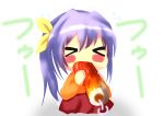  &gt;_&lt; 1girl adorable blush bonfurai child closed_eyes cute eating female_focus food hiragana lavender_hair loli media_factory miyauchi_renge non_non_biyori orange_skirt red_skirt silver_link simple_background solo sushi tv_tokyo twintails 