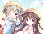  2girls animal_ears autumn_leaves azur_lane blue_shirt bow braid brown_hair clenched_hands commentary_request crescent crescent_hair_ornament dog_ears fumizuki_(azur_lane) hair_bow hair_ornament hairclip hands_on_own_chest hat knees_up leaf long_hair multiple_girls nagatsuki_(azur_lane) one_eye_closed open_mouth pantyhose paw_pose pink_shirt ribbon school_hat school_uniform serafuku shirt side_ponytail sitting smile tsukimi_(xiaohuasan) upper_body very_long_hair violet_eyes white_legwear yellow_headwear 