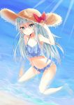  1girl bangs bare_arms bare_legs bare_shoulders barefoot between_legs bikini blue_bikini blue_eyes blush bow brown_headwear closed_mouth commentary_request day eyebrows_visible_through_hair frilled_bikini frills hair_between_eyes hand_between_legs hand_on_headwear hand_up hat hat_bow hibiki_(kantai_collection) highres hizaka kantai_collection kneeling long_hair looking_at_viewer outdoors polka_dot polka_dot_bikini red_bow silver_hair solo straw_hat sunlight swimsuit very_long_hair water wet 