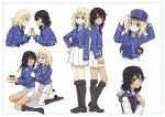  2girls absurdres andou_(girls_und_panzer) angry bangs bc_freedom_(emblem) bc_freedom_military_uniform bc_freedom_school_uniform black_hair blonde_hair blue_eyes blue_headwear blue_jacket blue_sweater blue_vest blush boots brown_eyes cake chibi clinging dark_skin emblem food fork girls_und_panzer hand_on_another&#039;s_arm hand_on_headwear hand_on_hip hat high_collar highres holding_hands huge_filesize jacket long_sleeves looking_at_another looking_at_viewer medium_hair messy_hair multiple_girls open_mouth oshida_(girls_und_panzer) pleated_skirt reisaki_(tokisaki24) school_uniform shako_cap simple_background sitting skirt smile standing sweater sweater_around_neck teeth thighs vest white_background white_skirt 