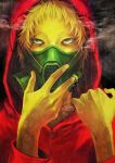  1boy blonde_hair blood boxcutter commentary_request expressionless face gas_mask green_eyes hands holding holding_boxcutter hood hoodie jacket looking_at_viewer male_focus mask original red_jacket scar smoke uraki_(tetsu420) zipper 