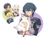  1girl animal_ears armor blonde_hair blue_eyes blue_hair brown_hair byleth byleth_(male) cape cat cat_ears cat_girl claude_von_regan_(fire_emblem) cravat dark_skin dimitri_alexandre_bladud_(fire_emblem) edelgard_von_hresvelgr_(fire_emblem) fire_emblem fire_emblem:_three_houses gloves hair_ornament hair_ribbon long_hair male_focus miuta multiple_boys pantyhose red_cape ribbon short_hair simple_background smile uniform upper_body white_background 