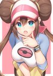  1girl :o bangs black_legwear blue_eyes blush bow breasts brown_hair double_bun eyebrows_visible_through_hair hair_between_eyes hat highres large_breasts leaning_forward legwear_under_shorts long_hair looking_at_viewer mei_(pokemon) open_mouth pantyhose pink_bow pokemon pokemon_(game) raglan_sleeves shiyo_yoyoyo short_shorts shorts simple_background solo twintails upper_body very_long_hair visor_cap watch watch yellow_shorts 