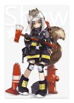  1girl arknights axe black_footwear black_jacket boots brown_eyes brown_hair captain_yue character_name closed_mouth commentary fire_axe fire_hydrant firefighter full_body grey_background head_tilt helmet holding holding_axe jacket knee_pads looking_at_viewer shaw_(arknights) short_eyebrows solo squirrel_tail standing star tail tail_raised thick_eyebrows traffic_cone two-tone_background v-shaped_eyebrows visor white_background white_headwear 