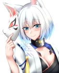  1girl animal_ears azur_lane blue_eyes blush breasts commentary_request fox_ears fox_girl fox_mask hair_between_eyes hand_up highres holding holding_mask japanese_clothes kaga_(azur_lane) kimono looking_at_viewer mask medium_breasts pon_(koteigainen) short_hair silver_hair smile solo upper_body white_kimono wide_sleeves 