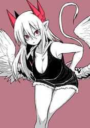  1girl breasts demon_girl demon_wings denim denim_shorts feathered_wings highres juugoya_(zyugoya) large_breasts lorem_(musuko_ga_kawaikute_shikatanai_mazoku_no_hahaoya) musuko_ga_kawaikute_shikatanai_mazoku_no_hahaoya pointy_ears red_eyes shorts simple_background tank_top wings 