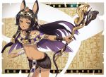  1girl animal_ears anubis bangs black_hair blunt_bangs blush brown_eyes choker circlet collarbone dark_skin egyptian_clothes egyptian_mythology fang highres holding holding_staff jackal_ears long_hair looking_at_viewer navel nyoro_(nyoronyoro000) open_mouth solo staff 