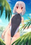  1girl :&lt; adyisu altair_floone bangs bare_arms bare_shoulders black_swimsuit blue_sky blurry blurry_foreground blush breasts closed_mouth clouds cloudy_sky commentary_request competition_swimsuit covered_navel day depth_of_field eyebrows_visible_through_hair grey_hair groin hair_between_eyes highleg highleg_swimsuit looking_at_viewer medium_breasts one-piece_swimsuit original outdoors red_eyes sidelocks sky solo standing swimsuit twitter_username 