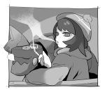  1girl ashtray bangs bob_cut cardigan chillarism cigarette closed_eyes drednaw female_protagonist_(pokemon_swsh) long_sleeves looking_back monochrome pokemon pokemon_(game) pokemon_swsh short_hair sitting sleeping smoking tam_o&#039;_shanter 