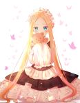  1girl abigail_williams_(fate/grand_order) bangs black_dress blonde_hair blue_eyes blush braid bug butterfly butterfly_hair_ornament commentary_request covered_mouth dress fate/grand_order fate_(series) forehead hair_ornament heroic_spirit_chaldea_park_outfit highres holding holding_stuffed_animal insect long_hair long_sleeves looking_at_viewer nasii parted_bangs shirt sidelocks sitting sleeves_past_fingers sleeves_past_wrists solo stuffed_animal stuffed_toy teddy_bear very_long_hair white_background white_shirt 
