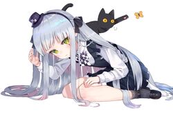  1girl animal apron bangs black_apron black_cat black_footwear black_hairband black_ribbon blush bow bug butterfly cat checkered checkered_bow closed_mouth collared_shirt commentary_request eyebrows_behind_hair facial_mark frilled_apron frills full_body girls_frontline green_eyes grey_legwear hair_ribbon hairband hat hk416_(girls_frontline) insect leaning_forward long_hair long_sleeves looking_at_viewer mini_hat purple_headwear rangen ribbed_legwear ribbon shirt shoes silver_hair simple_background sitting skirt socks solo two_side_up very_long_hair wariza white_background white_shirt white_skirt 