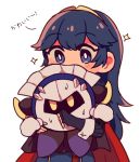  1girl 1other black_cape blue_eyes blue_hair cape fingerless_gloves fire_emblem fire_emblem:_kakusei gloves hal_laboratory_inc. highres hoshi_no_kirby hoshi_no_kirby:_yume_no_izumi_no_monogatari hug human intelligent_systems kirby_(series) kirby_(specie) looking_at_another lucina mask meta_knight nacooo23 nintendo pauldrons red_cape sparkle super_smash_bros. super_smash_bros._ultimate super_smash_bros_brawl super_smash_bros_for_wii_u_and_3ds sweat tiara white_mittens yellow_eyes 