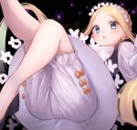  1girl abigail_williams_(fate/grand_order) bangs blonde_hair bloomers blue_eyes blurry blurry_foreground blush bow braid butterfly_hair_ornament depth_of_field eyebrows_visible_through_hair fate/grand_order fate_(series) forehead hair_ornament heroic_spirit_chaldea_park_outfit highres knee_up leg_up long_hair long_sleeves looking_at_viewer orange_bow parted_bangs parted_lips shirt shoes sidelocks skirt sleeves_past_fingers sleeves_past_wrists solo tied_hair underwear very_long_hair white_bloomers white_shirt yayoimaka03 